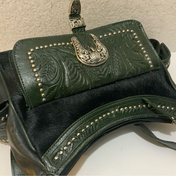 American West Black Hair-On Cowtown Green Tooled Leather Zip-Top Shoulder Bag - Picture 7 of 15